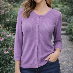 Talbots Womens Cardigan Sweater Purple L Large Open Weave Pima Cotton